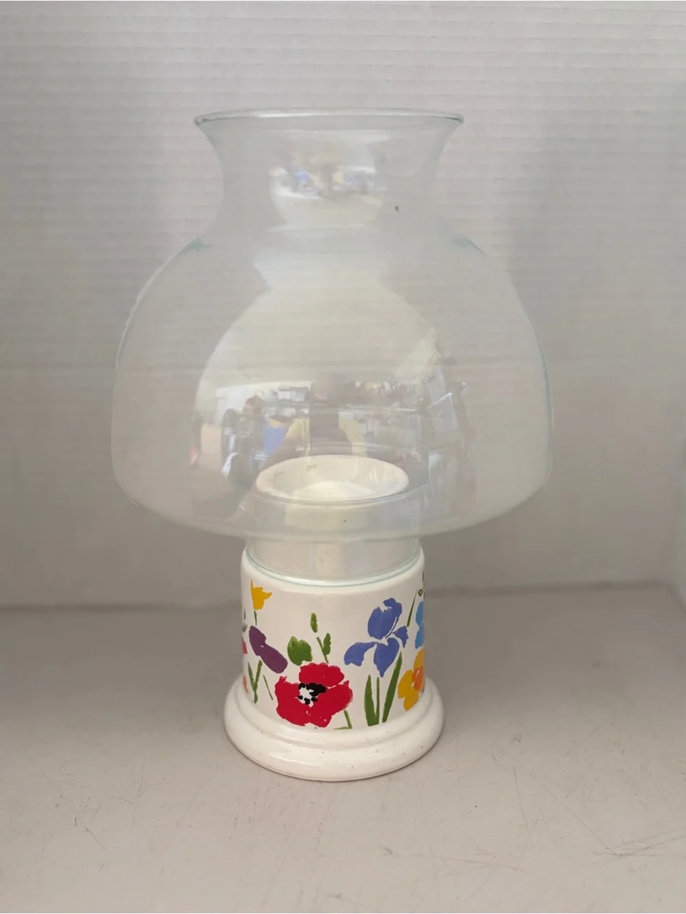 Hand-Painted Floral Ceramic Lantern with Clear Glass Shade - White